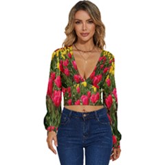 Yellow Pink Red Flowers Long Sleeve Deep-v Velour Top