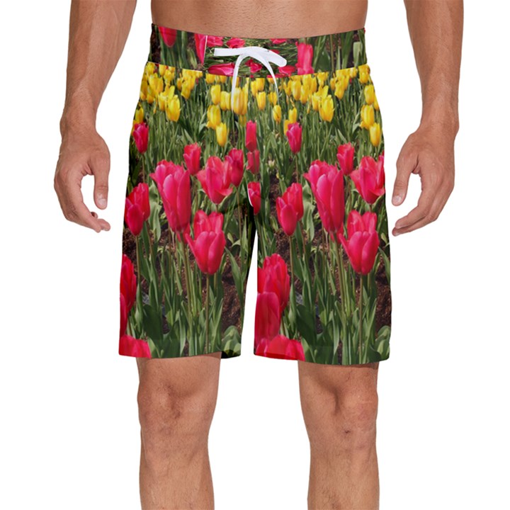 Yellow Pink Red Flowers Men s Beach Shorts