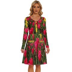 Yellow Pink Red Flowers Long Sleeve Dress With Pocket by artworkshop