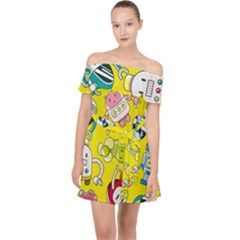 Robot Pattern Off Shoulder Chiffon Dress by Grandong