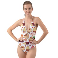 Dessert And Cake For Food Pattern Halter Cut-out One Piece Swimsuit by Grandong