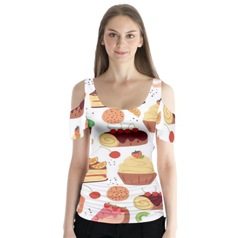 Dessert And Cake For Food Pattern Butterfly Sleeve Cutout Tee  by Grandong