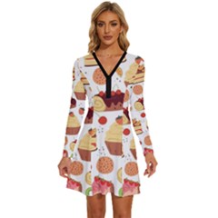 Dessert And Cake For Food Pattern Long Sleeve Deep V Mini Dress  by Grandong