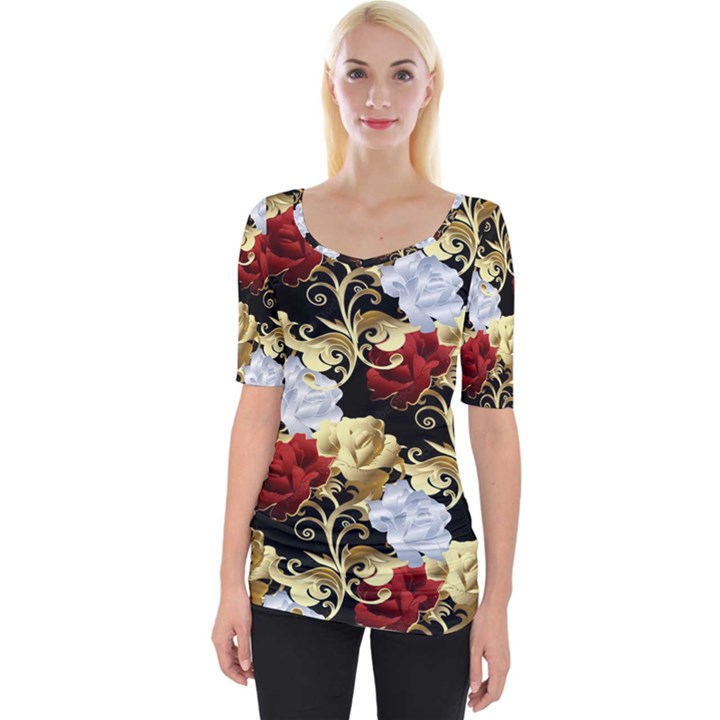 Roses Seamless Pattern Wide Neckline Tee