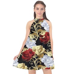 Roses Seamless Pattern Halter Neckline Chiffon Dress  by Grandong