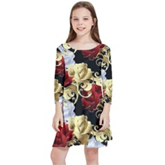 Roses Seamless Pattern Kids  Quarter Sleeve Skater Dress