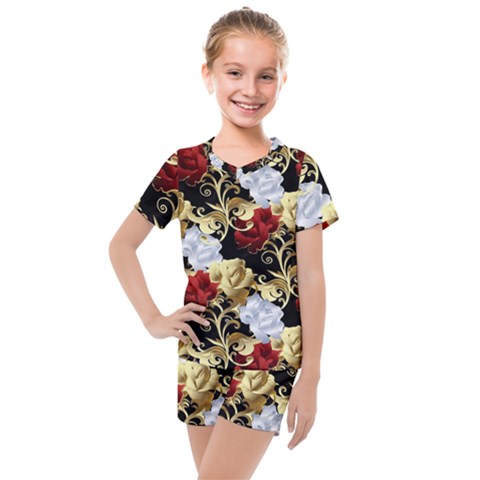 Roses Seamless Pattern Kids  Mesh Tee And Shorts Set by Grandong