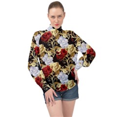 Roses Seamless Pattern High Neck Long Sleeve Chiffon Top