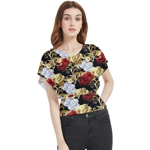 Roses Seamless Pattern Butterfly Chiffon Blouse by Grandong