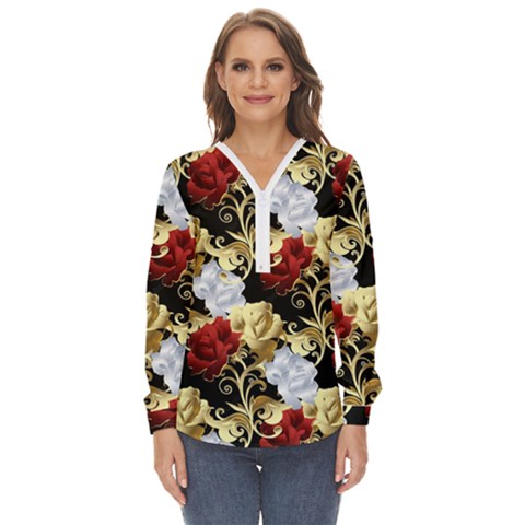 Roses Seamless Pattern Zip Up Long Sleeve Blouse by Grandong