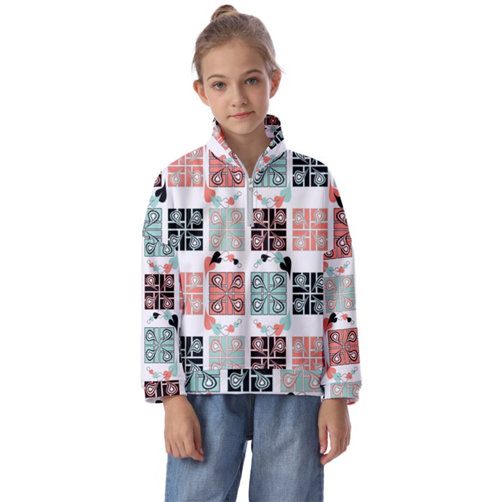 Mint Black Coral Heart Paisley Kids  Half Zip Hoodie