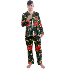 Background Vintage Japanese Design Men s Long Sleeve Satin Pajamas Set by Grandong