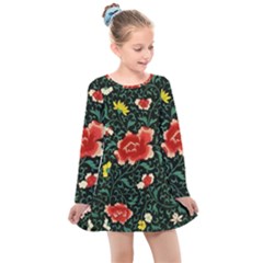 Background Vintage Japanese Design Kids  Long Sleeve Dress by Grandong