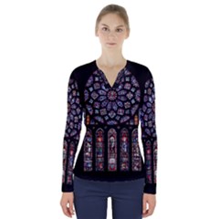 Chartres Cathedral Notre Dame De Paris Stained Glass V-neck Long Sleeve Top by Grandong