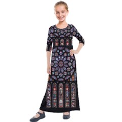 Chartres Cathedral Notre Dame De Paris Stained Glass Kids  Quarter Sleeve Maxi Dress by Grandong