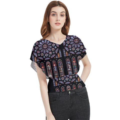 Chartres Cathedral Notre Dame De Paris Stained Glass Butterfly Chiffon Blouse by Grandong