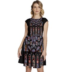 Chartres Cathedral Notre Dame De Paris Stained Glass Cap Sleeve High Waist Dress by Grandong