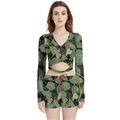 Autumn Fallen Leaves Dried Leaves Velvet Wrap Crop Top And Shorts Set by Grandong