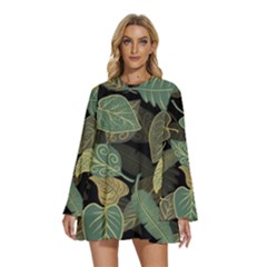 Autumn Fallen Leaves Dried Leaves Round Neck Long Sleeve Bohemian Style Chiffon Mini Dress by Grandong