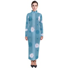 Gardenia Flowers White Blue Turtleneck Maxi Dress by Grandong