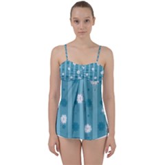 Gardenia Flowers White Blue Babydoll Tankini Top