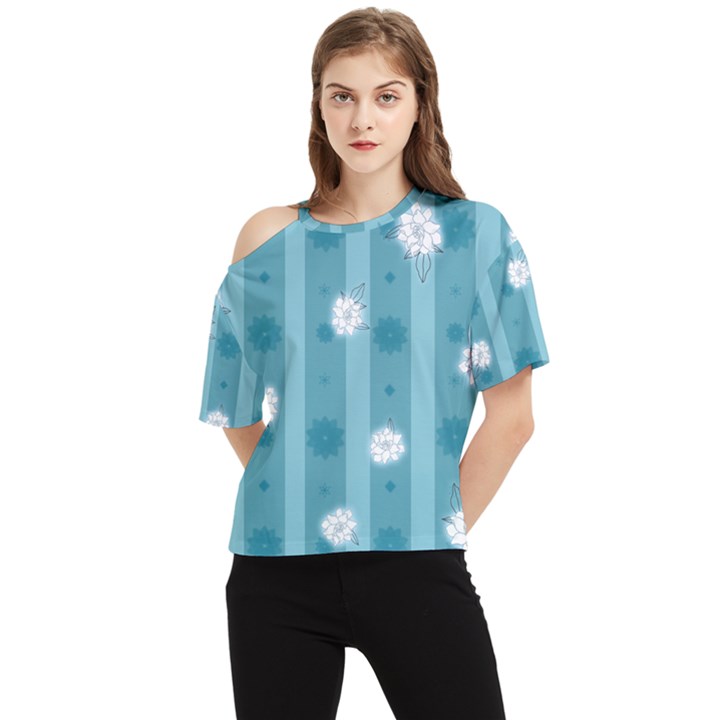 Gardenia Flowers White Blue One Shoulder Cut Out Tee