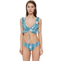 Gardenia Flowers White Blue Low Cut Ruffle Edge Bikini Set by Grandong