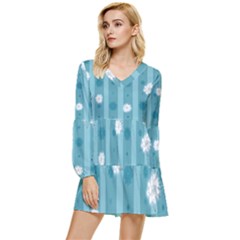 Gardenia Flowers White Blue Tiered Long Sleeve Mini Dress by Grandong