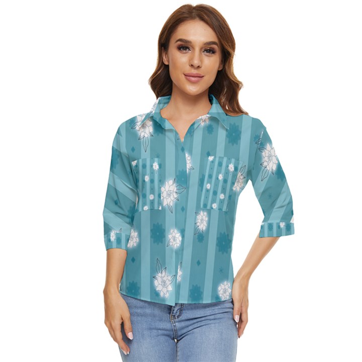 Gardenia Flowers White Blue Women s Quarter Sleeve Pocket Shirt