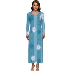 Gardenia Flowers White Blue Long Sleeve Longline Maxi Dress by Grandong