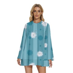 Gardenia Flowers White Blue Round Neck Long Sleeve Bohemian Style Chiffon Mini Dress by Grandong