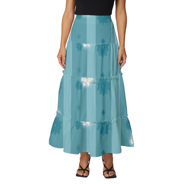 Gardenia Flowers White Blue Tiered Ruffle Maxi Skirt