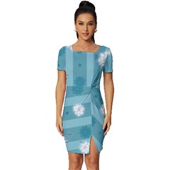 Gardenia Flowers White Blue Fitted Knot Split End Bodycon Dress