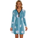 Gardenia Flowers White Blue Long Sleeve Deep V Mini Dress  View1