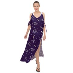 Vector Seamless Dark Zodiac Sign Star Symbol Pattern Maxi Chiffon Cover Up Dress by Grandong