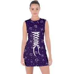 Vector Seamless Dark Zodiac Sign Star Symbol Pattern Lace Up Front Bodycon Dress by Grandong