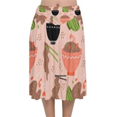 Japanese Street Food Soba Noodle In Bowl Pattern Velvet Flared Midi Skirt by Grandong