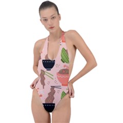 Japanese Street Food Soba Noodle In Bowl Pattern Backless Halter One Piece Swimsuit by Grandong