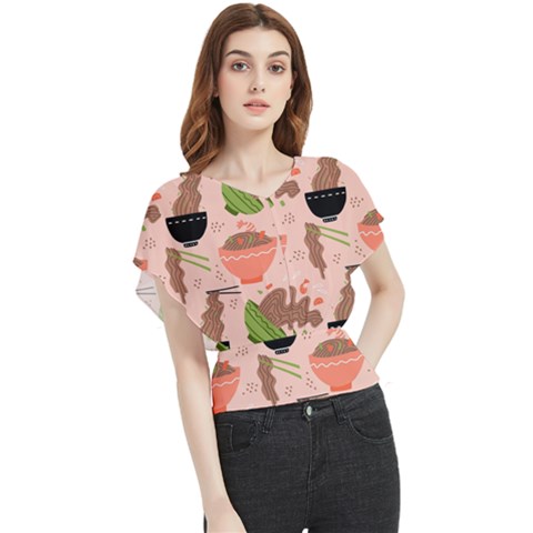 Japanese Street Food Soba Noodle In Bowl Pattern Butterfly Chiffon Blouse by Grandong