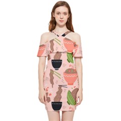 Japanese Street Food Soba Noodle In Bowl Pattern Shoulder Frill Bodycon Summer Dress by Grandong