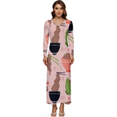 Japanese Street Food Soba Noodle In Bowl Pattern Long Sleeve Longline Maxi Dress by Grandong