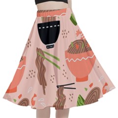 Japanese Street Food Soba Noodle In Bowl Pattern A-line Full Circle Midi Skirt With Pocket by Grandong