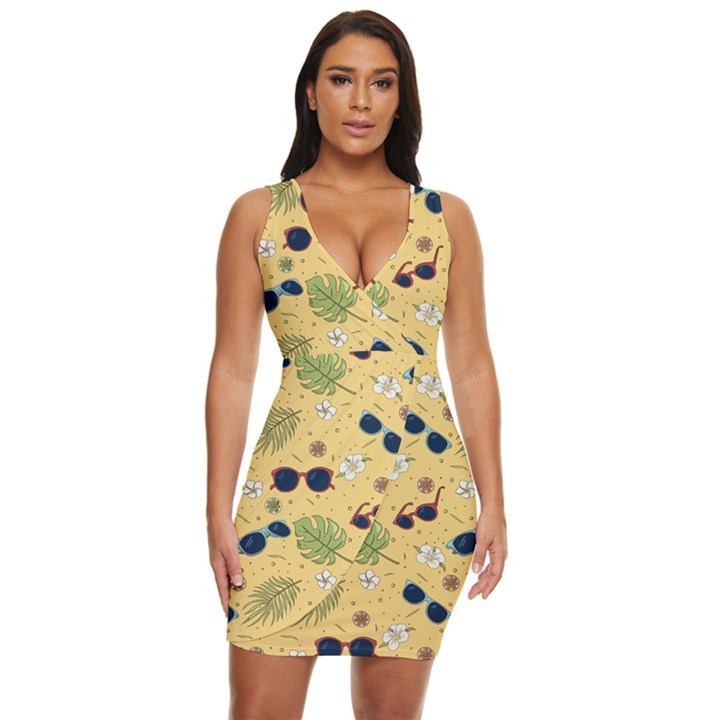 Seamless Pattern Of Sunglasses Tropical Leaves And Flower Draped Bodycon Dress