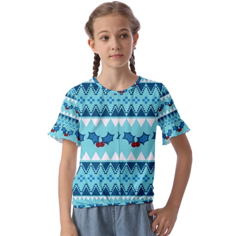 Blue Christmas Vintage Ethnic Seamless Pattern Kids  Cuff Sleeve Scrunch Bottom Tee by Grandong