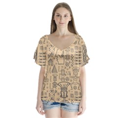 Aztec Tribal African Egyptian Style Seamless Pattern Vector Antique Ethnic V-neck Flutter Sleeve Top