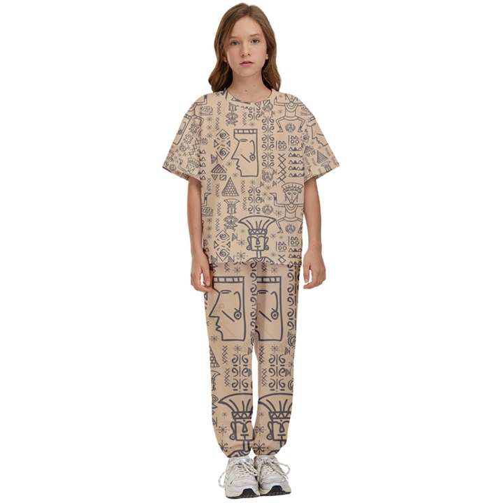 Aztec Tribal African Egyptian Style Seamless Pattern Vector Antique Ethnic Kids  Tee and Pants Sports Set