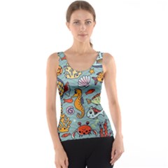 Cartoon Underwater Seamless Pattern With Crab Fish Seahorse Coral Marine Elements Women s Basic Tank Top by Grandong