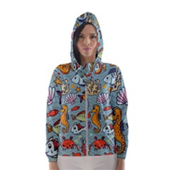 Cartoon Underwater Seamless Pattern With Crab Fish Seahorse Coral Marine Elements Women s Hooded Windbreaker by Grandong