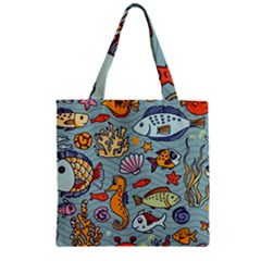 Cartoon Underwater Seamless Pattern With Crab Fish Seahorse Coral Marine Elements Zipper Grocery Tote Bag by Grandong