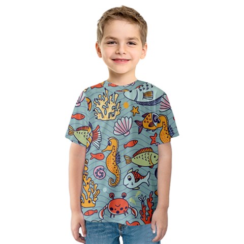 Cartoon Underwater Seamless Pattern With Crab Fish Seahorse Coral Marine Elements Kids  Sport Mesh Tee by Grandong